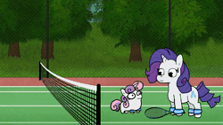 Size: 1920x1080 | Tagged: safe, artist:tjpones, rarity, spike, sweetie belle, twilight sparkle, alicorn, dragon, pony, unicorn, g4, animated, aqua teen hunger force, ball, female, filly, foal, male, mare, sound, sports, tennis, tennis ball, tennis racket, twilight sparkle (alicorn), webm