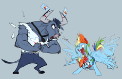 Size: 1280x824 | Tagged: safe, artist:chub-wub, iron will, rainbow dash, minotaur, pegasus, pony, g4, blue background, clothes, duo, duo male and female, epic, fangs, female, flag, flapping wings, flexing, gray background, head shake, hype, hype man, male, mare, motion blur, motion lines, muscles, necktie, open mouth, shirt, simple background, t-shirt, torn clothes, wings, yelling