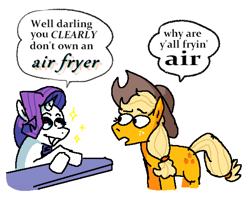 Size: 1146x902 | Tagged: safe, artist:punkittdev, applejack, rarity, earth pony, pony, unicorn, g4, air fryer, applejack's hat, clearly you don't own an air fryer, cowboy hat, crossed hooves, dialogue, duo, duo female, female, funny, hat, horsecomix, literal minded, open mouth, simple background, sparkles, speech bubble, stetson, white background