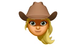 Size: 1125x724 | Tagged: safe, applejack, human, equestria girls, g4, animoji, cowboy hat, freckles, hat, head only, looking at you, memoji, simple background, solo, white background