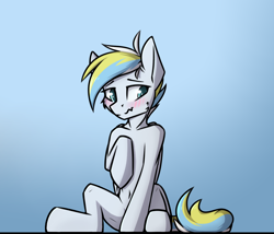 Size: 1400x1200 | Tagged: safe, artist:danger_above, derpibooru exclusive, edit, oc, oc only, oc:sidewinder, pegasus, pony, blushing, gradient background, looking away, pegasus oc, raised hoof, scrunchy face, sitting, solo