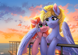 Size: 4100x2923 | Tagged: safe, artist:hakaina, oc, oc only, alicorn, earth pony, pegasus, pony, alicorn oc, backlighting, beautiful, cheek fluff, chest fluff, cloud, colored, concave belly, cute, duo, female, fluffy, height difference, high res, hoof fluff, horn, hug, leg fluff, lighting, looking at each other, looking at someone, male, mare, ocbetes, ocean, partially open wings, pegasus oc, railing, scenery, shading, signature, sky, slender, stallion, sunset, thin, water, wing fluff, winghug, wings