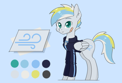 Size: 1286x869 | Tagged: safe, artist:jedrek_123, derpibooru exclusive, oc, oc only, oc:sidewinder, pegasus, pony, blue background, clothes, cutie mark, dog tags, looking at you, pegasus oc, piercing, reference sheet, simple background, solo, standing