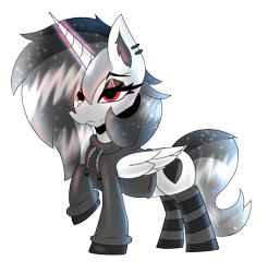 Size: 1000x1016 | Tagged: safe, artist:zadrex, oc, oc only, alicorn, pony, 2023 community collab, derpibooru community collaboration, alicorn oc, clothes, ear piercing, heart, hoodie, horn, long mane, piercing, raised hoof, red eyes, simple background, solo, sparkly mane, stockings, thigh highs, transparent background, wings