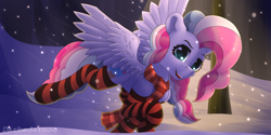 Size: 4096x2048 | Tagged: safe, artist:darbedarmoc, oc, oc only, oc:sky sorbet, pegasus, pony, clothes, female, forest, high res, lamp, lamppost, looking at you, pegasus oc, scarf, smiling, smiling at you, snow, snowfall, socks, solo, spread wings, striped scarf, striped socks, wings, winter