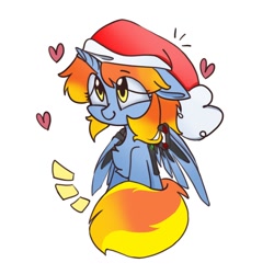 Size: 1080x1080 | Tagged: safe, artist:dani kiko, oc, oc only, oc:黄昏夜雨, pony, unicorn, artificial wings, augmented, chest fluff, christmas, cute, eye clipping through hair, female, floating heart, hat, heart, holiday, horn, mare, mechanical wing, santa hat, simple background, smiling, solo, unicorn oc, white background, wings