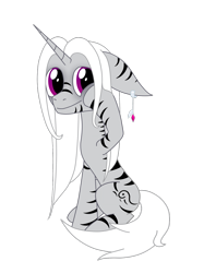 Size: 1347x1800 | Tagged: safe, artist:zerica, oc, oc only, hybrid, zony, 2023 community collab, derpibooru community collaboration, ear piercing, earring, female, jewelry, looking at you, mare, piercing, simple background, sitting, solo, transparent background