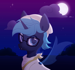 Size: 3000x2800 | Tagged: safe, artist:belka-sempai, oc, oc only, oc:lumiere eleve, changeling, changeling oc, cloud, fangs, full moon, glasses, high res, horn, moon, night, night sky, outdoors, sky, solo