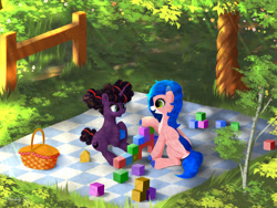 Size: 2400x1800 | Tagged: safe, artist:darksly, oc, oc only, pegasus, pony, unicorn, basket, building blocks, horn, pegasus oc, picnic basket, picnic blanket, tree, unicorn oc