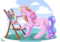 Size: 5787x4092 | Tagged: safe, artist:katarablankart, toola-roola, earth pony, pony, g3, cloud, easel, mouth hold, paintbrush, painting, sky, solo, toola roola will be painting away