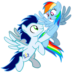 Size: 1099x1099 | Tagged: safe, artist:mlplary6, rainbow dash, soarin', pegasus, pony, g4, boyfriend and girlfriend, duo, female, flying, holding hooves, looking at each other, looking at someone, male, mare, ship:soarindash, shipping, simple background, smiling, smiling at each other, stallion, straight, transparent background, vector