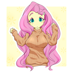 Size: 5000x5000 | Tagged: safe, artist:zemlya, fluttershy, human, equestria girls, g4, blush lines, blushing, breasts, busty fluttershy, butterfly hairpin, clothes, female, looking at you, smiling, smiling at you, solo, stupid sexy fluttershy, sweater, sweatershy