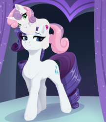Size: 1732x2000 | Tagged: safe, artist:nika-rain, rarity, sweetie belle, pony, unicorn, chest fluff, commission, cute, diasweetes, duo, duo female, female, filly, foal, looking at you, looking left, mare, ponies riding ponies, pony hat, raribetes, riding, siblings, sisters, smiling, sweetie belle riding rarity, sweetie hat