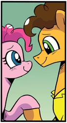 Size: 732x1334 | Tagged: safe, artist:robin easter, idw, cheese sandwich, pinkie pie, earth pony, pony, g4, season 10, spoiler:comic, spoiler:comic99, blushing, duo, female, gradient background, holding hooves, male, mare, shipping fuel, stallion