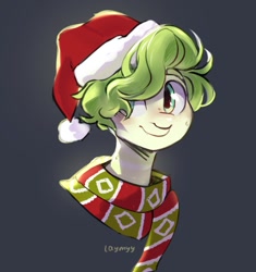 Size: 1127x1200 | Tagged: safe, artist:laymy, oc, oc only, pony, bust, christmas, clothes, gray background, hat, holiday, santa hat, scarf, simple background, smiling, solo, striped scarf