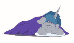 Size: 2000x1172 | Tagged: safe, artist:arcane-thunder, oc, oc only, oc:arcane thunder, pony, unicorn, blanket, eyes closed, horn, male, pillow, simple background, smiling, solo, stallion, unicorn oc, white background