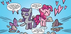 Size: 1334x643 | Tagged: safe, artist:kate sherron, idw, maud pie, pinkie pie, earth pony, pony, g4, spoiler:comic, spoiler:comic86, dialogue, duo, female, filly, filly maud pie, filly pinkie pie, floating heart, gradient background, heart, party, rock, smiling, speech bubble, when she smiles, younger