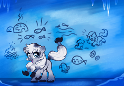 Size: 2535x1756 | Tagged: safe, artist:confetticakez, oc, oc only, oc:arctic ink, earth pony, pony, yakutian horse, cave painting, cute, earth pony oc, female, filly, foal, looking at you, open mouth, open smile, raised hoof, smiling, smiling at you, solo, unshorn fetlocks