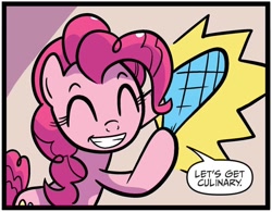 Size: 960x750 | Tagged: safe, artist:kate sherron, idw, pinkie pie, earth pony, pony, g4, spoiler:comic, spoiler:comic86, ^^, dialogue, emanata, eyes closed, female, mare, oven mitts, solo, speech bubble