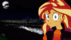 Size: 3840x2160 | Tagged: safe, artist:glim_gg, sunset shimmer, human, equestria girls, g4, blushing, cloud, female, high res, looking at you, moon, night, solo