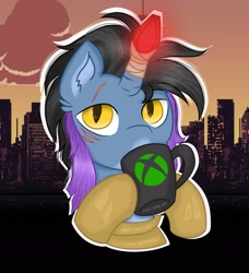 Size: 2064x2263 | Tagged: safe, artist:foxx_grey_art, oc, oc only, oc:sanity, pony, unicorn, armor, blue coat, city, cityscape, commission, cup, drinking, gem, high res, horn, scar, slit pupils, two toned mane, unicorn oc, xbox, ych result, yellow eyes