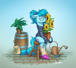 Size: 4170x3698 | Tagged: safe, artist:helmie-art, oc, oc only, oc:whispy slippers, earth pony, pony, barrel, chair, clothes, ear fluff, earth pony oc, eyes closed, female, flower, flower pot, glasses, male, mare, plant, sitting, slippers, socks, solo, stool, sunflower, sweater, trowel, watering can