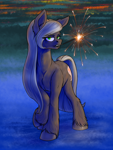 Size: 1500x2000 | Tagged: safe, artist:jehr, earth pony, pony, bengal light, blue, blue background, fog, green eyes, simple background, solo, sparks, sundown, winter