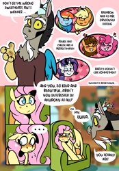 Size: 1423x2048 | Tagged: safe, artist:lrusu, applejack, cheese sandwich, discord, fluttershy, pinkie pie, rainbow dash, rarity, draconequus, earth pony, pegasus, pony, unicorn, comic:fluttercord (irusu), g4, blushing, chair, comic, embarrassed, female, floppy ears, heart, implied discoshy, implied shipping, implied straight, implied twilight sparkle, lesbian, male, nervous sweat, obvious, one eye closed, outline, ship:appledash, ship:cheesepie, ship:discoshy, shipping, straight, white outline, wink