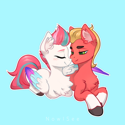 Size: 2000x2000 | Tagged: safe, artist:inowiseei, sprout cloverleaf, zipp storm, earth pony, pegasus, pony, g5, blushing, chest fluff, duo, female, high res, hug, lying down, male, mare, ponyloaf, prone, ship:cloverstorm, shipping, simple background, stallion, straight, winghug, wings