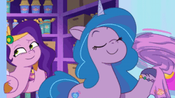 Size: 520x293 | Tagged: safe, screencap, izzy moonbow, pipp petals, pegasus, pony, unicorn, bridlewood spog, g5, my little pony: tell your tale, spoiler:g5, spoiler:my little pony: tell your tale, spoiler:tyts01e43, animated, closet, duo, duo female, eyes closed, female, gif, mare, spinning, towel