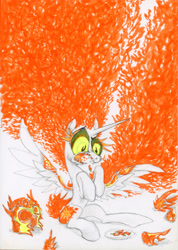 Size: 2915x4100 | Tagged: safe, artist:ja0822ck, daybreaker, alicorn, pony, g4, chilli, fire, food, helmet, mane of fire, on fire, sitting, slender, thin, this ended in fire, traditional art