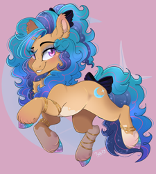 Size: 4500x5005 | Tagged: safe, artist:pvrii, oc, oc only, earth pony, pony, bow, bracelet, chest fluff, coat markings, dappled, ear piercing, earring, earth pony oc, eyebrows, eyebrows visible through hair, hair bow, hair over one eye, hoof polish, jewelry, looking at you, piercing, smiling, smiling at you, solo, tail, tail bow