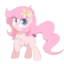 Size: 2000x2000 | Tagged: safe, artist:thebatfang, oc, oc only, oc:kayla, earth pony, pony, blue eyes, earth pony oc, eye clipping through hair, flower, flower in hair, looking at you, raised hoof, simple background, solo, tongue out, white background