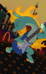 Size: 4000x6500 | Tagged: safe, artist:jsacos, tianhuo (tfh), dragon, hybrid, longma, art pack:tianhuo art pack, them's fightin' herds, community related, electric guitar, eyes closed, guitar, musical instrument, scaled underbelly, solo, tail, wings