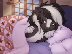 Size: 1120x840 | Tagged: safe, alternate version, artist:eltaile, oc, oc only, oc:zenawa skunkpony, hybrid, pony, skunk, skunk pony, bed, blanket, claws, comfy, commission, countershading, lazy, looking down, lying, lying down, lying on bed, male, morning, on bed, on side, pale belly, paws, pillow, solo, stallion, under the covers, waking up