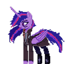 Size: 1120x960 | Tagged: safe, artist:menalia, twilight sparkle, alicorn, pony, g4, boots, clothes, cyberpunk, female, horn, jacket, looking at something, mare, pants, pixel art, shirt, shoes, simple background, solo, standing, transparent background, twilight sparkle (alicorn), wings