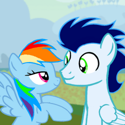 Size: 720x720 | Tagged: safe, artist:mlplary6, rainbow dash, soarin', pegasus, pony, g4, animated, boyfriend and girlfriend, cheek kiss, eyes closed, female, gif, heart, kissing, looking at each other, looking at someone, love, male, mare, ship:soarindash, shipping, smiling, smiling at each other, stallion, straight