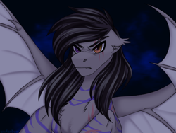 Size: 2160x1620 | Tagged: safe, artist:enderbee, oc, oc only, bat pony, pony, angry, bat pony oc, bat wings, chest fluff, ear fluff, heterochromia, scar, simple background, spread wings, wings