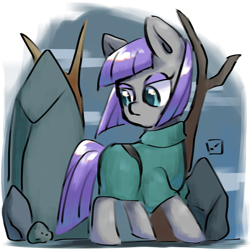 Size: 1280x1280 | Tagged: safe, artist:metaruscarlet, boulder (g4), maud pie, earth pony, pony, g4, boulder, clothes, dress, female, looking back, mare, rock, sky, solo, tree