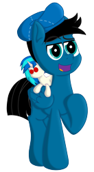 Size: 3604x6600 | Tagged: safe, artist:agkandphotomaker2000, dj pon-3, vinyl scratch, oc, oc only, oc:pony video maker, pegasus, pony, 2023 community collab, derpibooru community collaboration, g4, director's hat, eyebrows, eyebrows visible through hair, folded wings, hoof on chest, looking at you, male, open mouth, pegasus oc, plushie, simple background, solo, transparent background, tumblr, wings