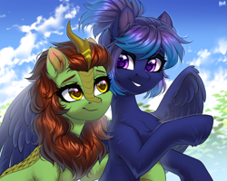 Size: 2500x2000 | Tagged: safe, artist:hakaina, oc, oc only, kirin, pegasus, pony, bust, cheek fluff, chest fluff, cloud, colored, cute, duo, ear cleavage, ear fluff, eyelashes, fluffy, grin, high res, hoof fluff, horn, hug, kirin oc, leg fluff, looking at each other, looking at someone, ocbetes, partially open wings, pegasus oc, purple eyes, shading, signature, sky, slender, smiling, smiling at each other, spread wings, teeth, thin, unshorn fetlocks, wing fluff, wings, yellow eyes