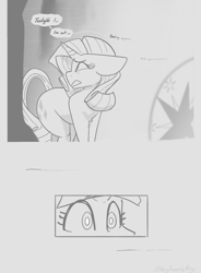 Size: 1132x1536 | Tagged: safe, artist:averysweatyboy, rarity, twilight sparkle, alicorn, pony, unicorn, g4, comic, dialogue, duo, female, grayscale, mare, monochrome, twilight sparkle (alicorn)