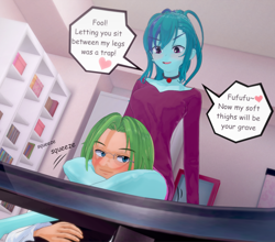 Size: 1230x1080 | Tagged: safe, artist:stellarwools, sonata dusk, oc, fish, human, koi, equestria girls, g4, 3d, canon x oc, clothes, dialogue, female, koikatsu, leg lock, male, shipping, speech bubble, straight