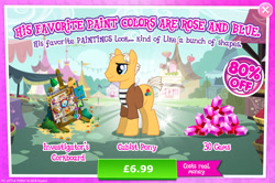 Size: 1957x1300 | Tagged: safe, gameloft, cheerilee, pinto paintcaster, rainbow dash, soarin', spitfire, g4, my little pony: magic princess, on your marks, advertisement, bush, clothes, costs real money, cubist pony, english, food, game screencap, gem, introduction card, male, mobile game, numbers, pablo picasso, pie, sale, solo, spoon, stallion, text