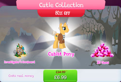 Size: 1261x854 | Tagged: safe, gameloft, pinto paintcaster, g4, my little pony: magic princess, bundle, bush, clothes, costs real money, cutie collection, english, food, gem, male, mobile game, numbers, pie, sale, solo, spoon, stallion, text