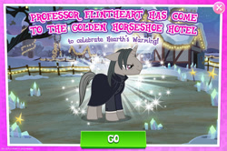 Size: 1956x1296 | Tagged: safe, gameloft, professor flintheart, pony, unicorn, g4, my little pony: magic princess, advertisement, cloak, clothes, english, horn, introduction card, male, mobile game, solo, stallion, text