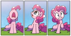 Size: 1334x679 | Tagged: safe, artist:agnesgarbowska, idw, pinkie pie, earth pony, pony, g4, spoiler:comic, spoiler:comic59, cute, female, gritted teeth, mare, nose in the air, open mouth, solo, teeth