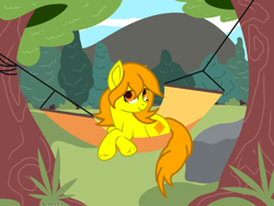 Size: 2000x1500 | Tagged: safe, artist:foxyfell1337, oc, oc only, oc:orange diamond, earth pony, pony, base used, earth pony oc, female, forest, hammock, mare, solo, tree