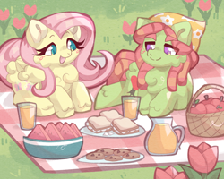 Size: 2500x2000 | Tagged: safe, artist:lumiville, fluttershy, tree hugger, earth pony, pegasus, pony, g4, basket, cookie, cute, drink, duo, female, flower, fluffy, folded wings, food, glass, grass, high res, juice, looking at each other, looking at someone, lying down, mare, open mouth, open smile, picnic, picnic blanket, pitcher, prone, sandwich, shyabetes, smiling, watermelon, wings