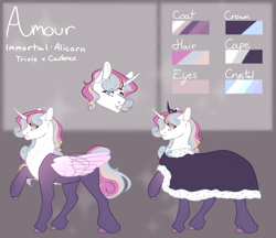 Size: 5268x4548 | Tagged: safe, artist:paliona, oc, oc:amour, alicorn, pony, alicorn oc, clothes, female, horn, magical lesbian spawn, mare, offspring, parent:princess cadance, parent:trixie, reference sheet, solo, wings